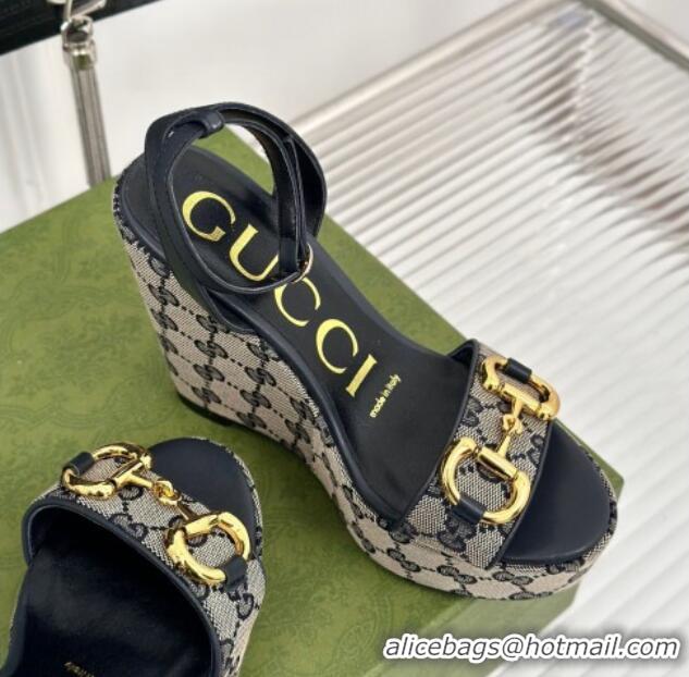 Lower Price Gucci GG Canvas Wedge Sandals 12cm with Horsebit Grey 05054