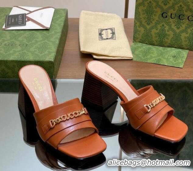 Purchase Gucci Signoria Heel Slide Sandals 7.5cm with Chain Brown 05057