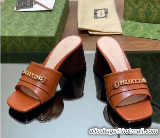 Purchase Gucci Signoria Heel Slide Sandals 7.5cm with Chain Brown 05057