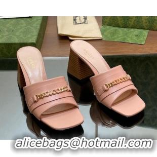 Popular Style Gucci Signoria Heel Slide Sandals 7.5cm with Chain Light Pink 05058