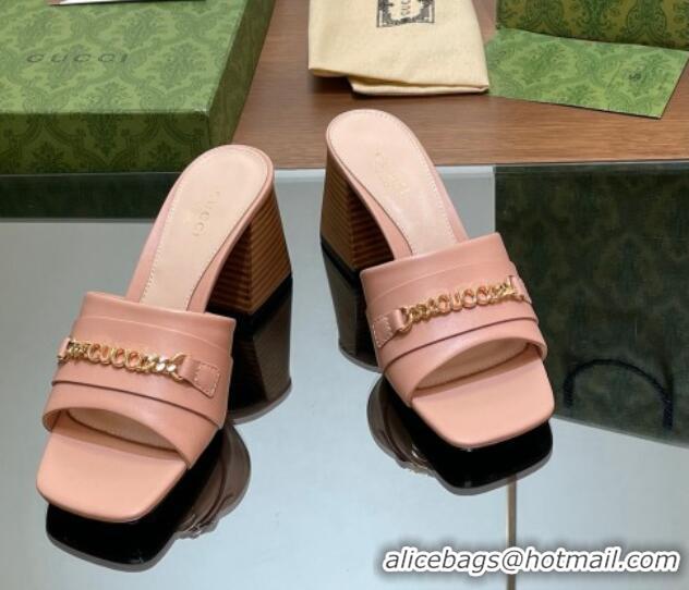 Popular Style Gucci Signoria Heel Slide Sandals 7.5cm with Chain Light Pink 05058