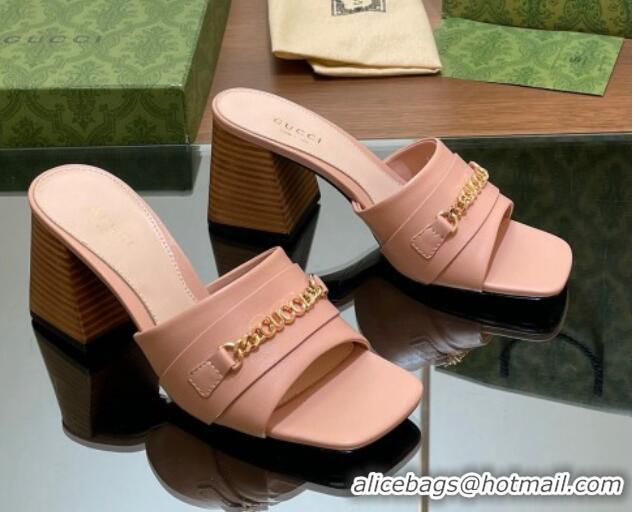 Popular Style Gucci Signoria Heel Slide Sandals 7.5cm with Chain Light Pink 05058