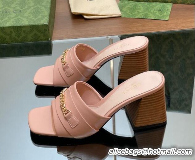 Popular Style Gucci Signoria Heel Slide Sandals 7.5cm with Chain Light Pink 05058