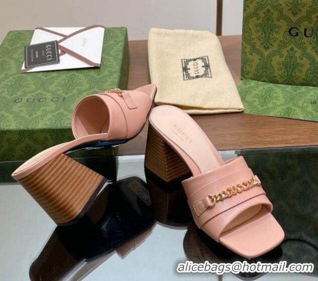 Popular Style Gucci Signoria Heel Slide Sandals 7.5cm with Chain Light Pink 05058