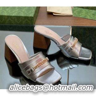 Best Price Gucci Signoria Heel Slide Sandals 7.5cm with Chain Silver 05059