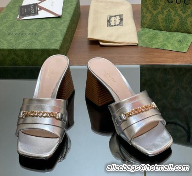 Best Price Gucci Signoria Heel Slide Sandals 7.5cm with Chain Silver 05059