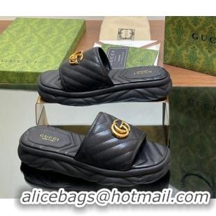 Top Design Gucci Chevron Leather Platform Slides Sandal 3.5cm with Double G Black 05060