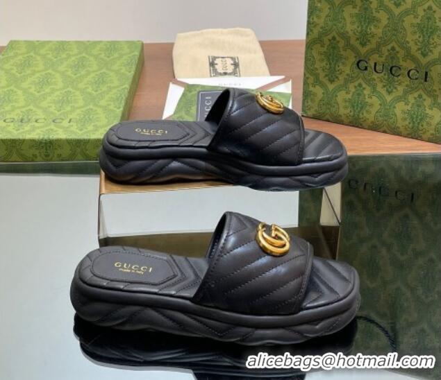 Top Design Gucci Chevron Leather Platform Slides Sandal 3.5cm with Double G Black 05060