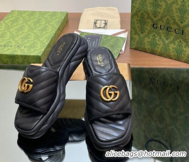 Top Design Gucci Chevron Leather Platform Slides Sandal 3.5cm with Double G Black 05060