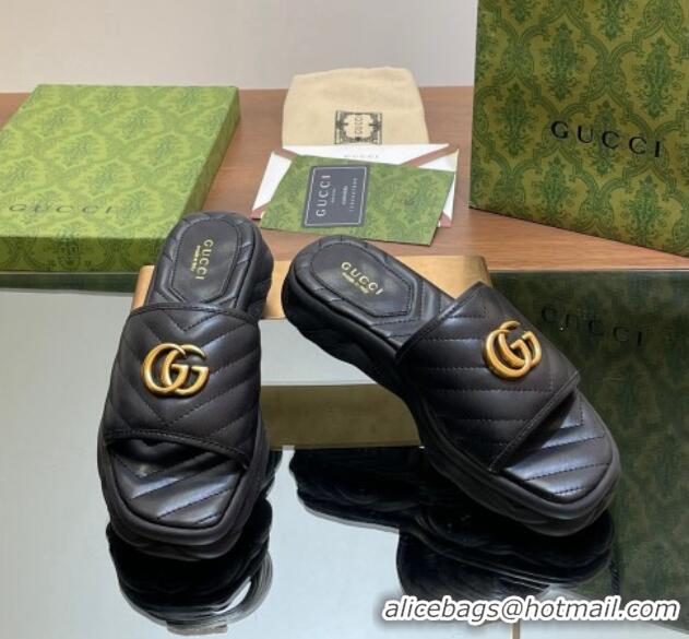 Top Design Gucci Chevron Leather Platform Slides Sandal 3.5cm with Double G Black 05060