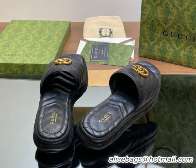 Top Design Gucci Chevron Leather Platform Slides Sandal 3.5cm with Double G Black 05060