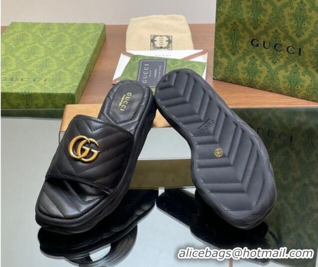 Top Design Gucci Chevron Leather Platform Slides Sandal 3.5cm with Double G Black 05060