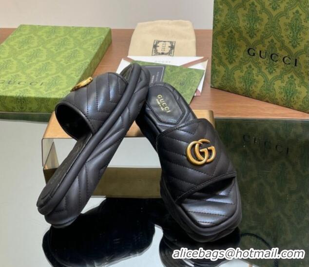 Top Design Gucci Chevron Leather Platform Slides Sandal 3.5cm with Double G Black 05060