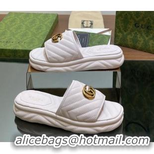 Stylish Gucci Chevron Leather Platform Slides Sandal 3.5cm with Double G White 05061