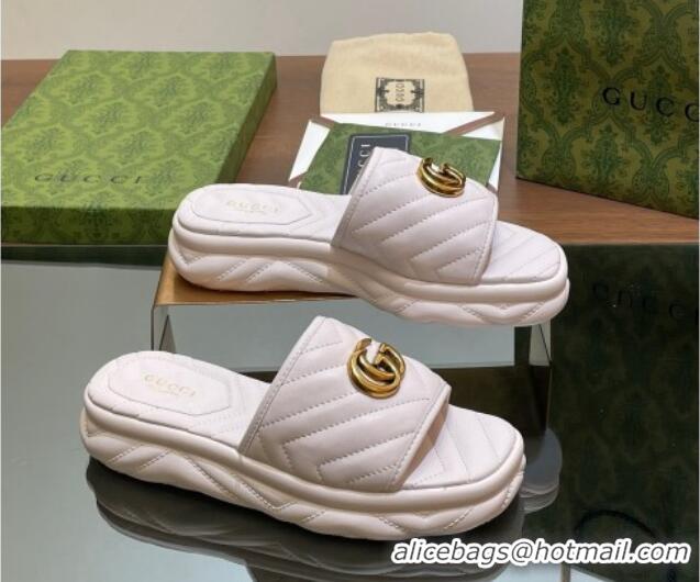 Stylish Gucci Chevron Leather Platform Slides Sandal 3.5cm with Double G White 05061