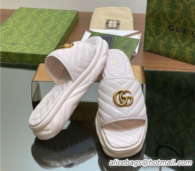 Stylish Gucci Chevron Leather Platform Slides Sandal 3.5cm with Double G White 05061