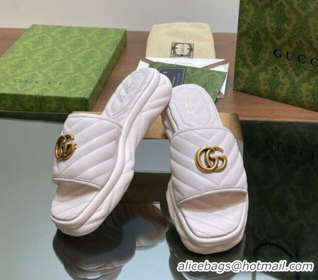 Stylish Gucci Chevron Leather Platform Slides Sandal 3.5cm with Double G White 05061