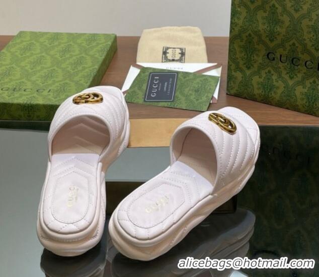 Stylish Gucci Chevron Leather Platform Slides Sandal 3.5cm with Double G White 05061