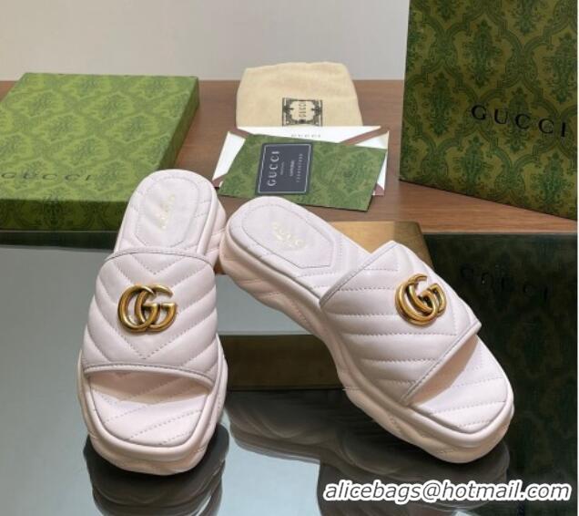 Stylish Gucci Chevron Leather Platform Slides Sandal 3.5cm with Double G White 05061