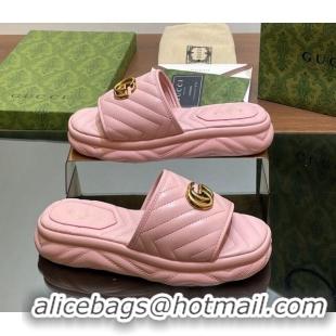 Best Product Gucci Chevron Leather Platform Slides Sandal 3.5cm with Double G Light Pink 05062