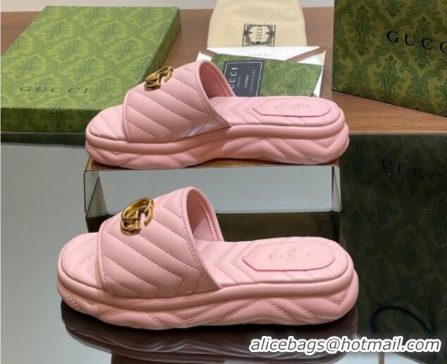 Best Product Gucci Chevron Leather Platform Slides Sandal 3.5cm with Double G Light Pink 05062