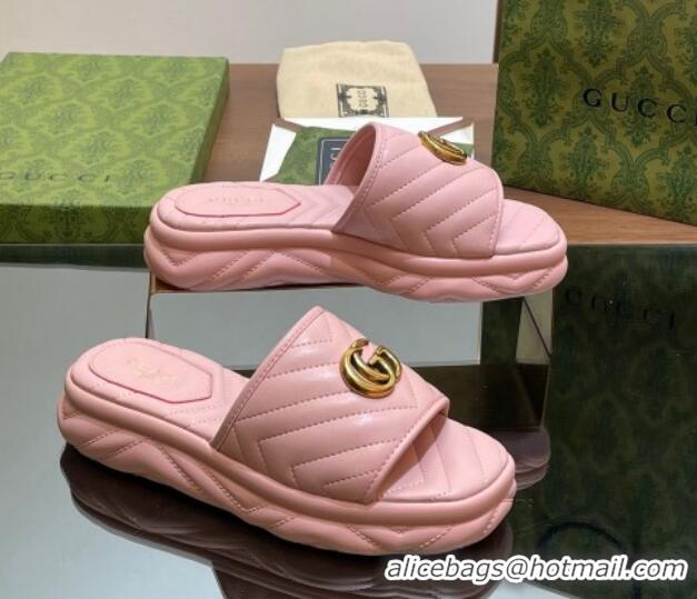 Best Product Gucci Chevron Leather Platform Slides Sandal 3.5cm with Double G Light Pink 05062