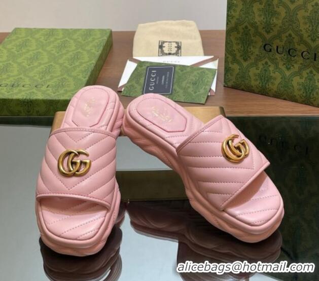 Best Product Gucci Chevron Leather Platform Slides Sandal 3.5cm with Double G Light Pink 05062