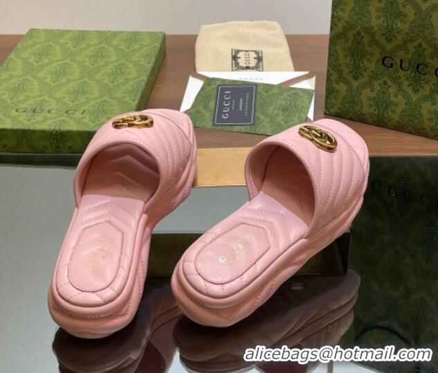 Best Product Gucci Chevron Leather Platform Slides Sandal 3.5cm with Double G Light Pink 05062