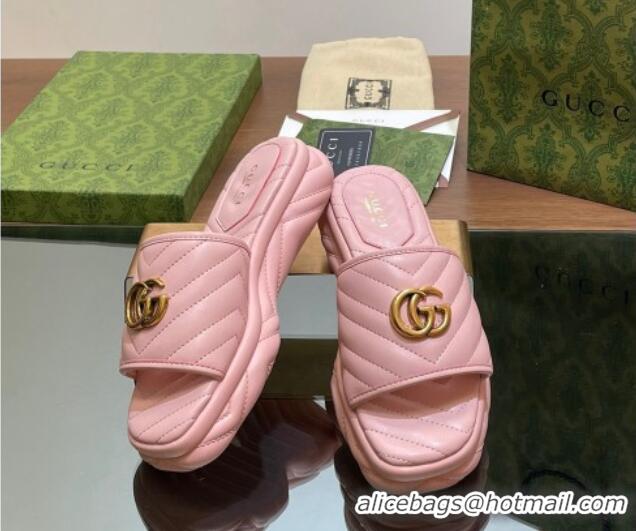 Best Product Gucci Chevron Leather Platform Slides Sandal 3.5cm with Double G Light Pink 05062