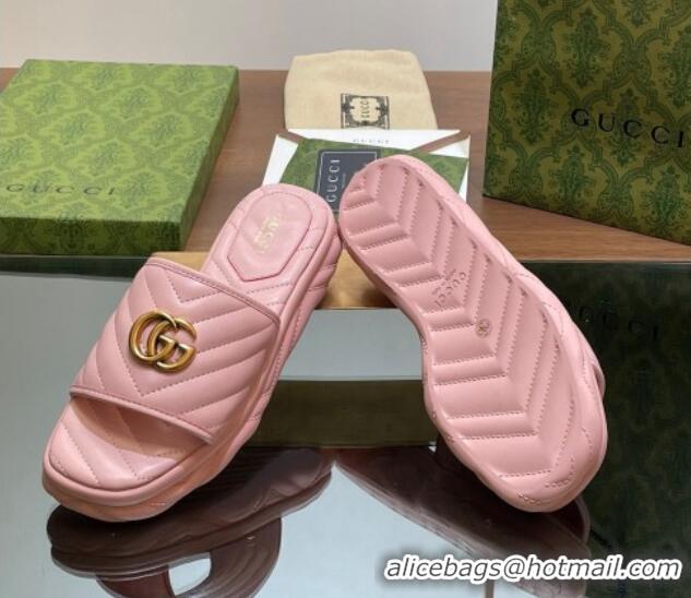 Best Product Gucci Chevron Leather Platform Slides Sandal 3.5cm with Double G Light Pink 05062