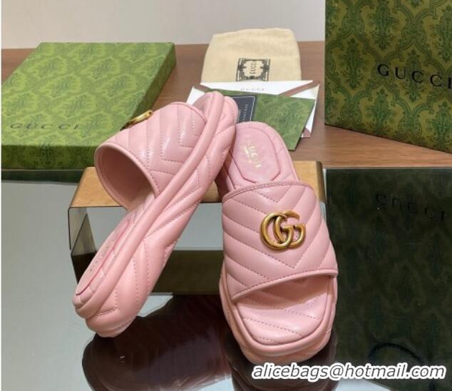 Best Product Gucci Chevron Leather Platform Slides Sandal 3.5cm with Double G Light Pink 05062