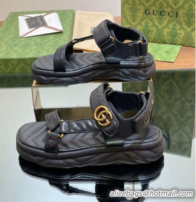 Shop Duplicate Gucci Chevron Leather Platform Sandals 3.5cm with Double G Black 605063