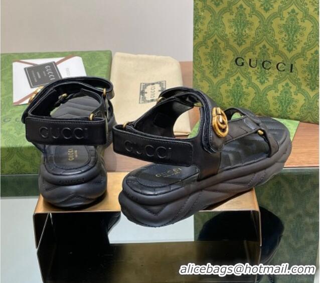 Shop Duplicate Gucci Chevron Leather Platform Sandals 3.5cm with Double G Black 605063