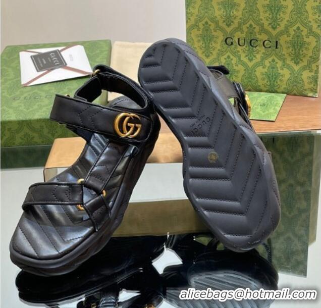 Shop Duplicate Gucci Chevron Leather Platform Sandals 3.5cm with Double G Black 605063