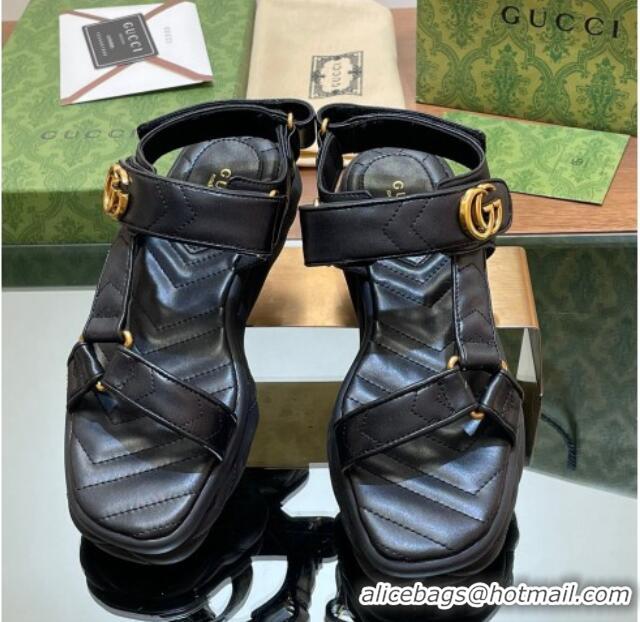 Shop Duplicate Gucci Chevron Leather Platform Sandals 3.5cm with Double G Black 605063