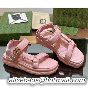 Top Grade Gucci Chevron Leather Platform Sandals 3.5cm with Double G Light Pink 05065