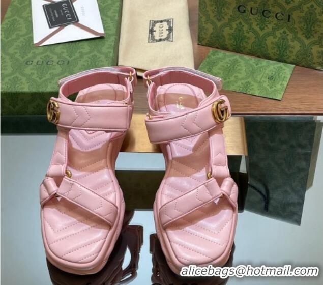 Top Grade Gucci Chevron Leather Platform Sandals 3.5cm with Double G Light Pink 05065