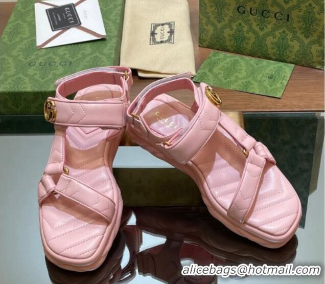 Top Grade Gucci Chevron Leather Platform Sandals 3.5cm with Double G Light Pink 05065