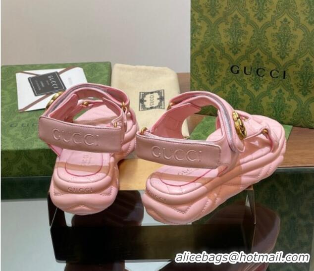 Top Grade Gucci Chevron Leather Platform Sandals 3.5cm with Double G Light Pink 05065