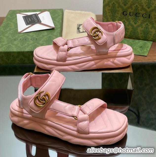 Top Grade Gucci Chevron Leather Platform Sandals 3.5cm with Double G Light Pink 05065