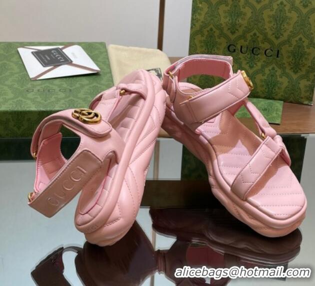 Top Grade Gucci Chevron Leather Platform Sandals 3.5cm with Double G Light Pink 05065