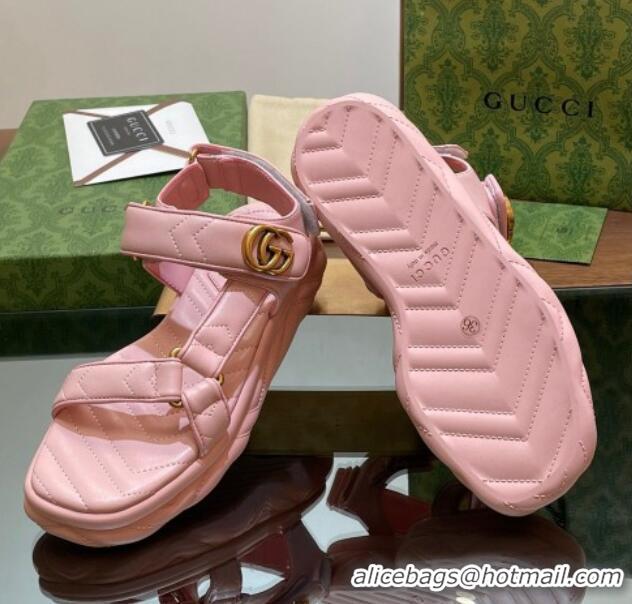 Top Grade Gucci Chevron Leather Platform Sandals 3.5cm with Double G Light Pink 05065