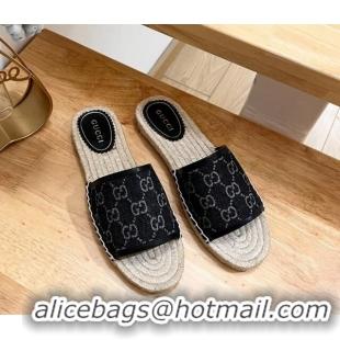 Best Grade Gucci GG Denim Espadrille Flat Slides Sandal Black 05068