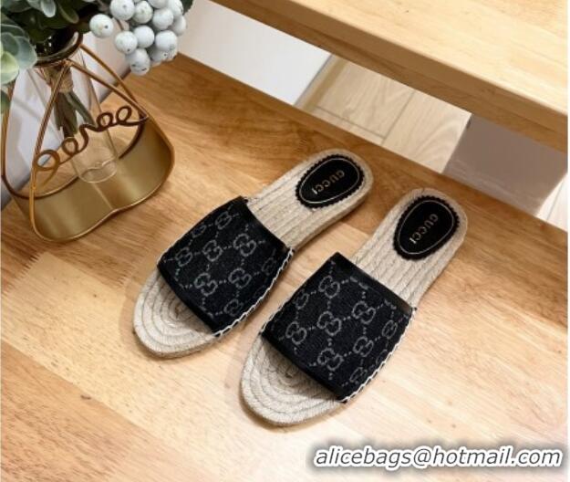 Best Grade Gucci GG Denim Espadrille Flat Slides Sandal Black 05068