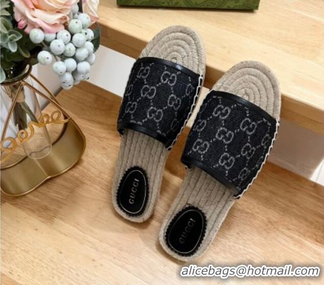 Best Grade Gucci GG Denim Espadrille Flat Slides Sandal Black 05068