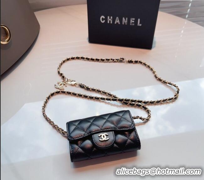 Good Taste Chanel Calfskin Flap Card Holder with Chain CH0510 Black 2024