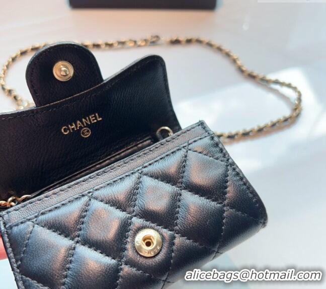 Good Taste Chanel Calfskin Flap Card Holder with Chain CH0510 Black 2024