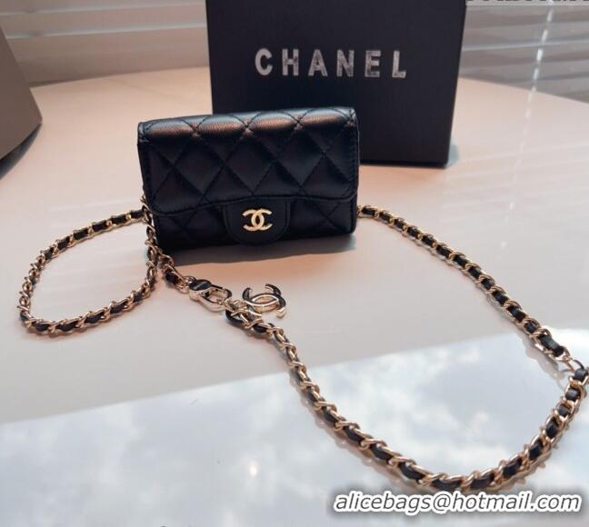 Good Taste Chanel Calfskin Flap Card Holder with Chain CH0510 Black 2024