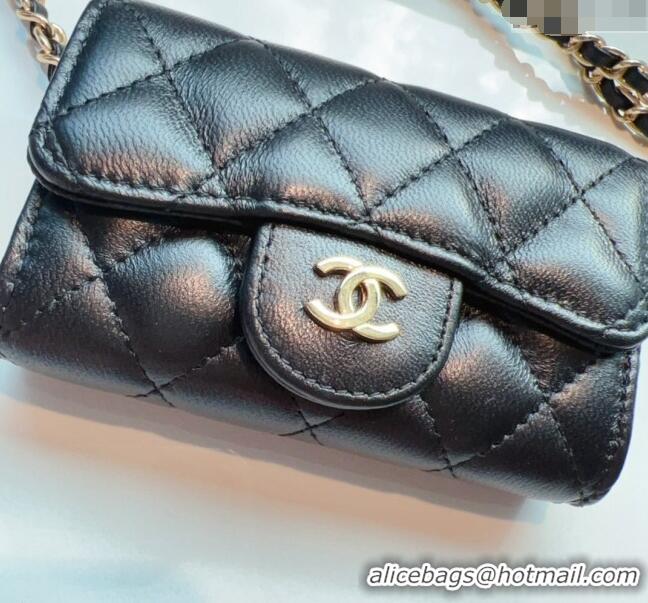 Good Taste Chanel Calfskin Flap Card Holder with Chain CH0510 Black 2024