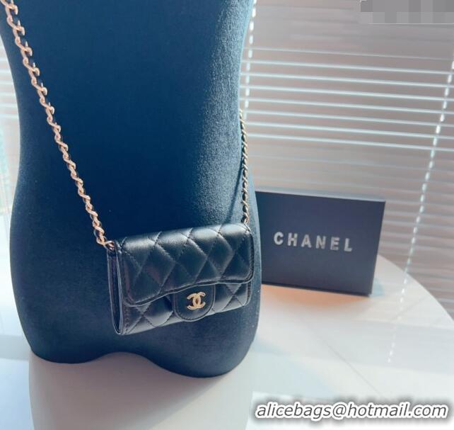 Good Taste Chanel Calfskin Flap Card Holder with Chain CH0510 Black 2024